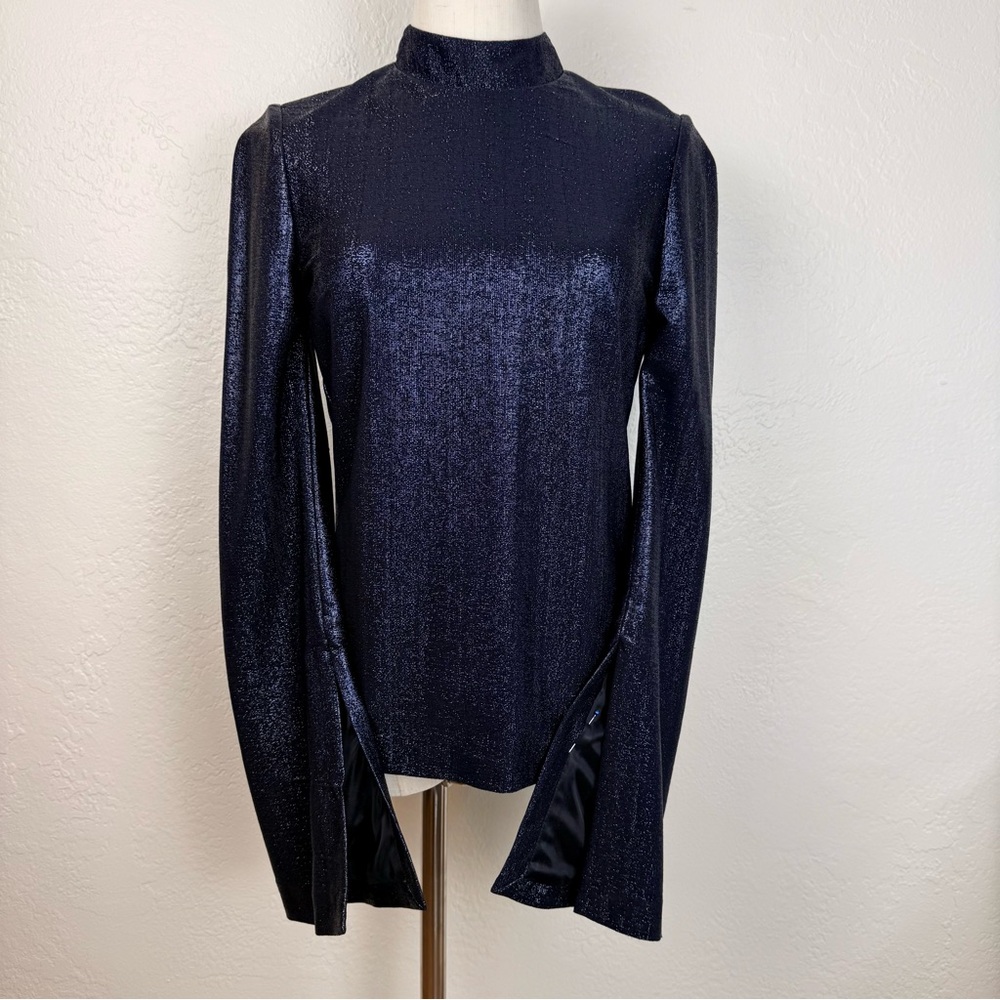 Galvan London Sahara Knitted Lamé Mock Neck Top‎ Midnight Blue NWOT/Sz 4